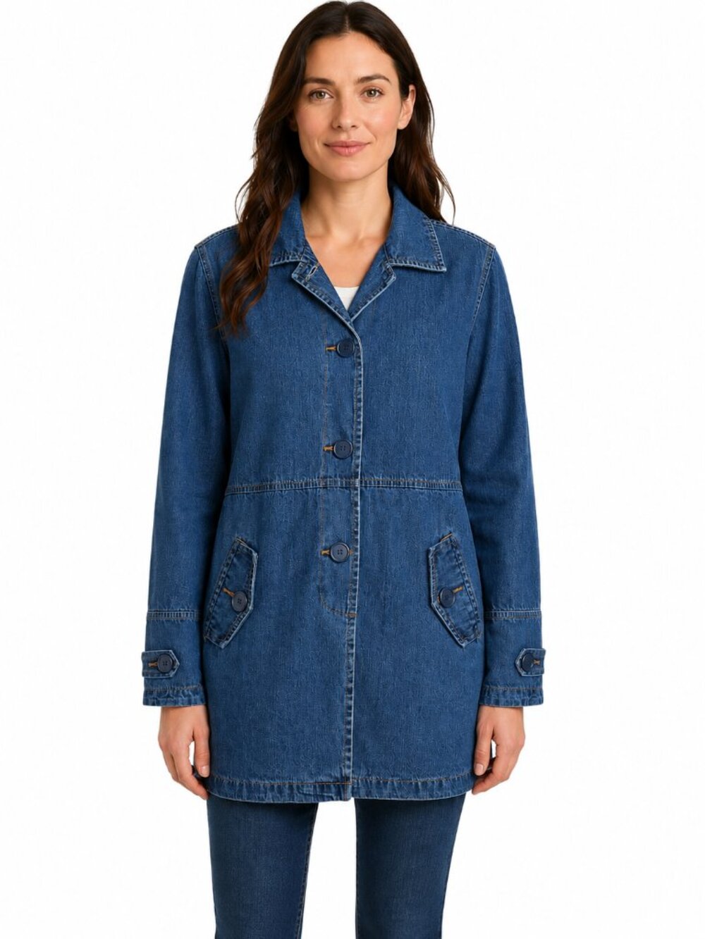 Bill Blass Denim Jacket Sz 10 Mid Length Flap Pockets Blue Jean Cotton